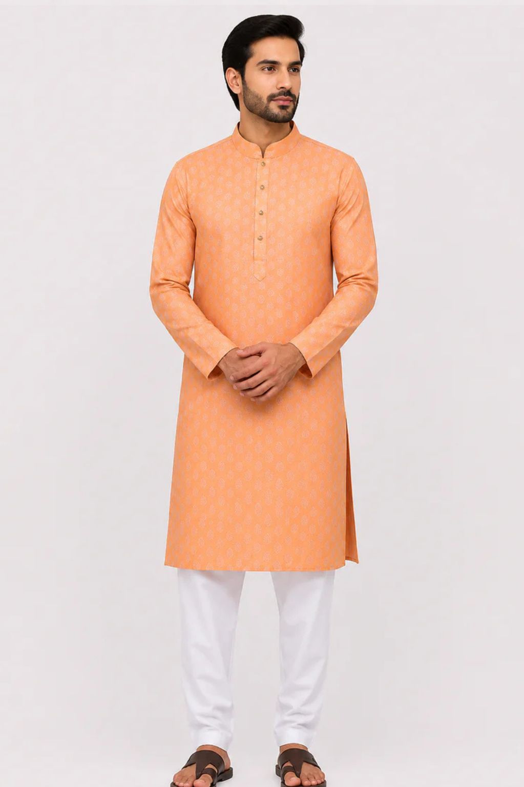 Men's Orange Jacquard Woven Leaf Pattern Kurta – Premium Ethnic Wear