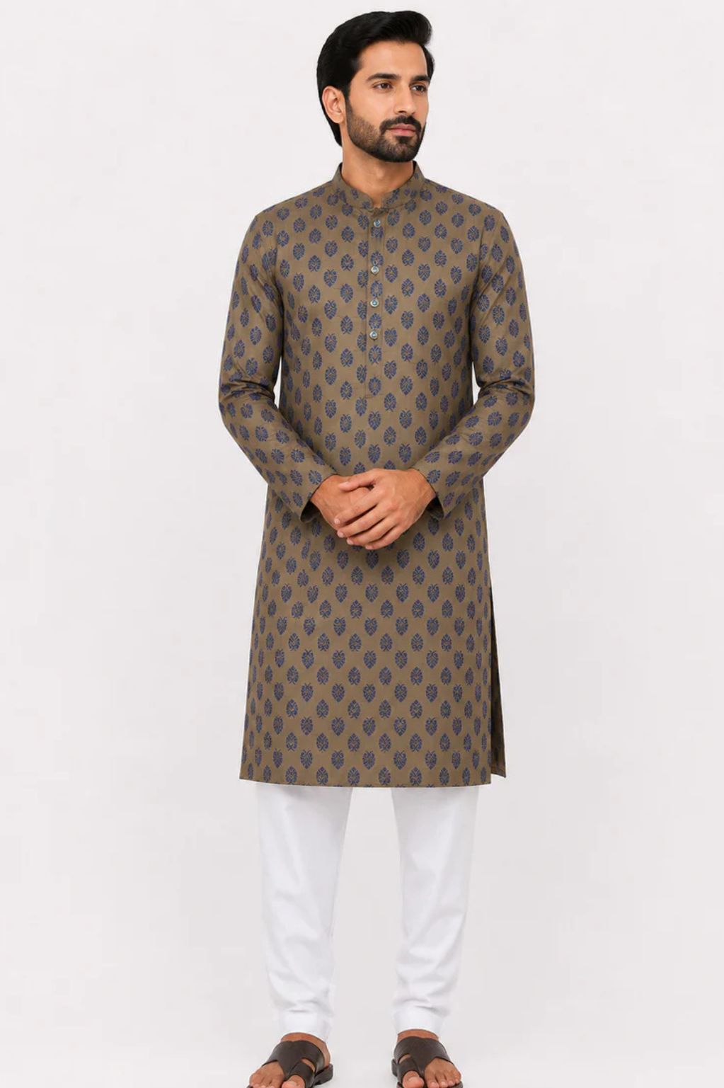 Men’s Green Jacquard Woven Leaf Pattern Kurta