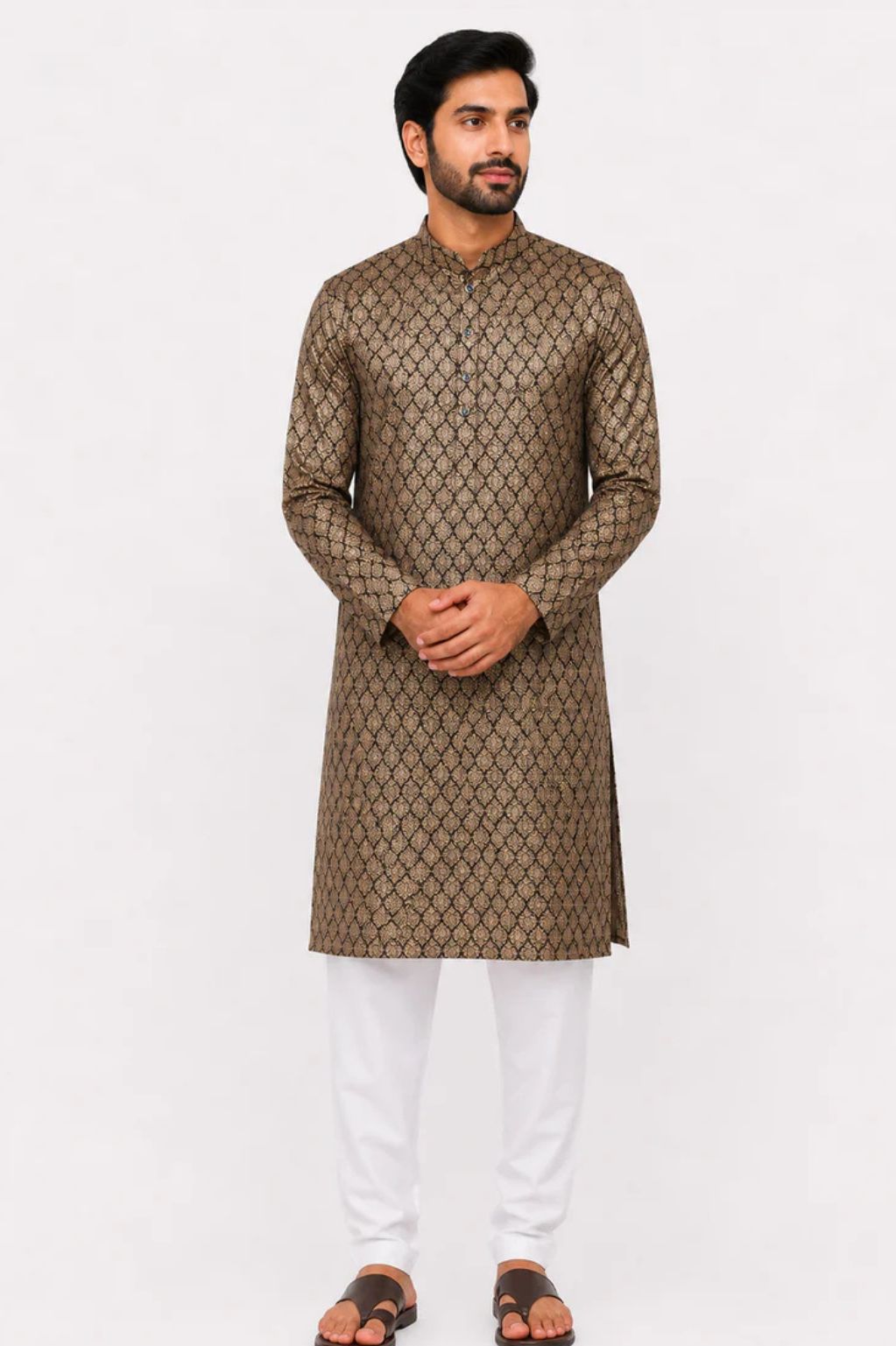 Men's Black Viscose Blend Jacquard Kurta with Teardrop Paisley Motif