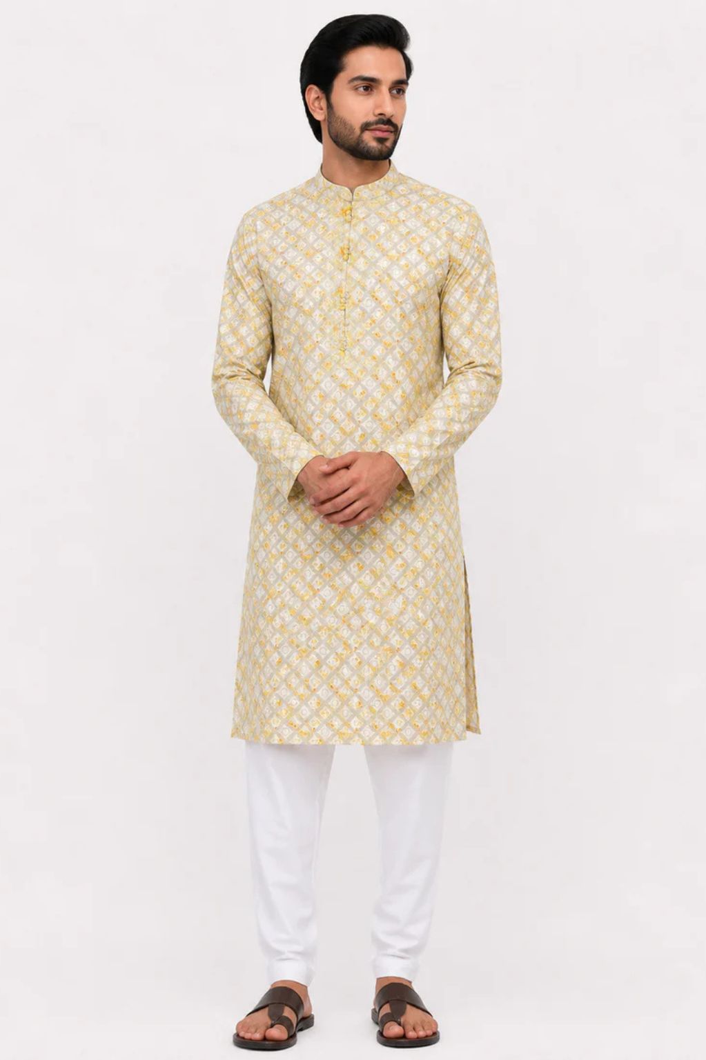 Men's Yellow Hakoba Delicate Schiffli All Over Embroidery Kurta