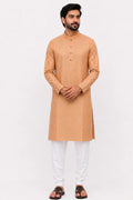Men's Peach Orange Kurta with Geometric Woven Design