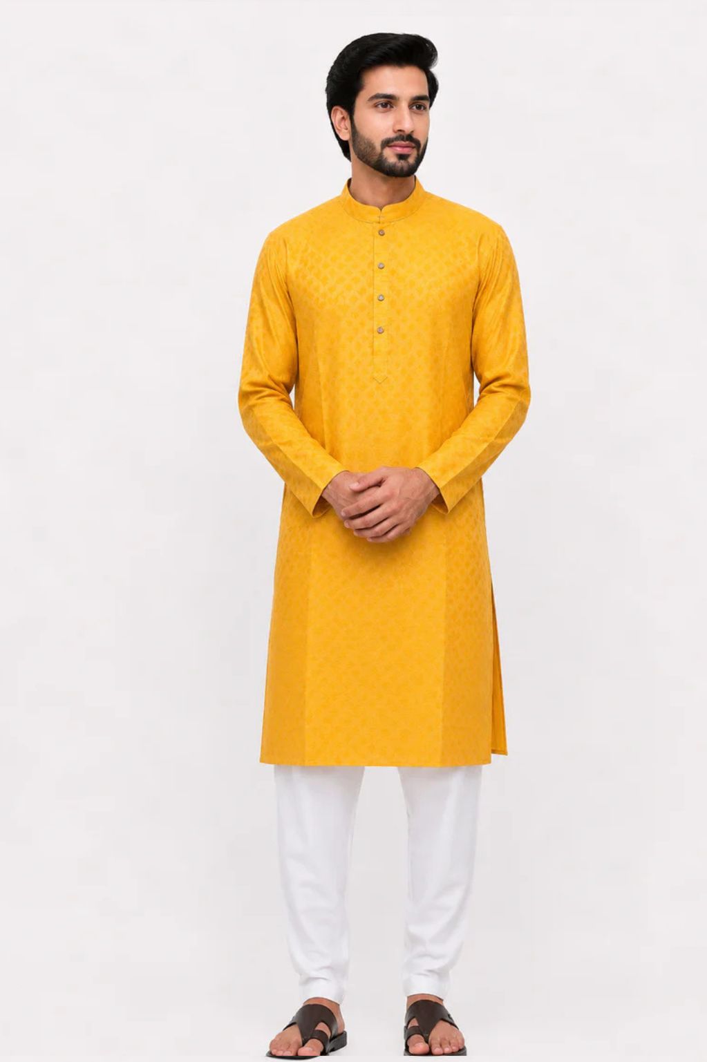 Subtle Orange Kurta with Geometric Woven Design for Men