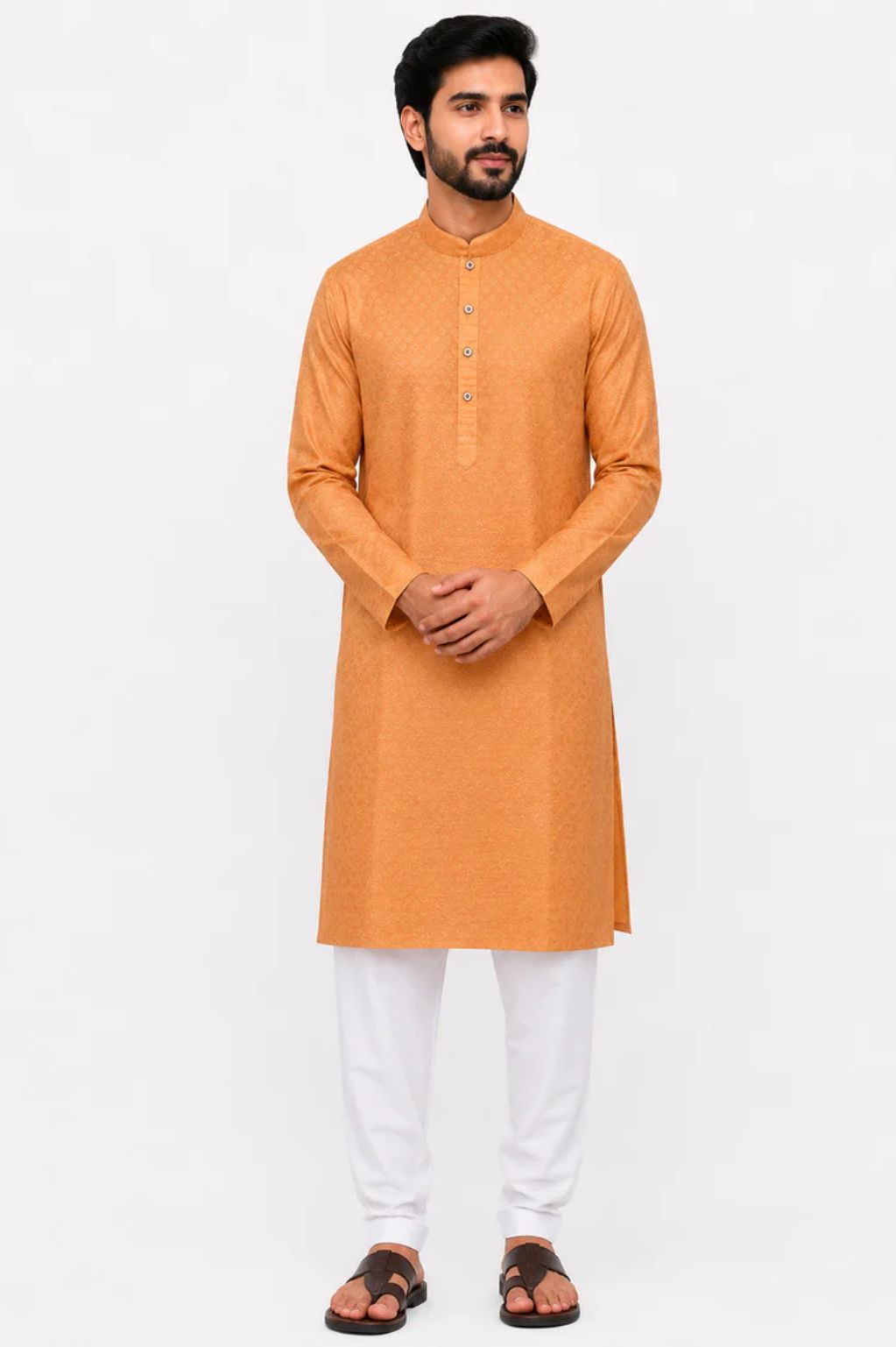 Vibrant Orange Kurta with Geometric Woven Design for Men