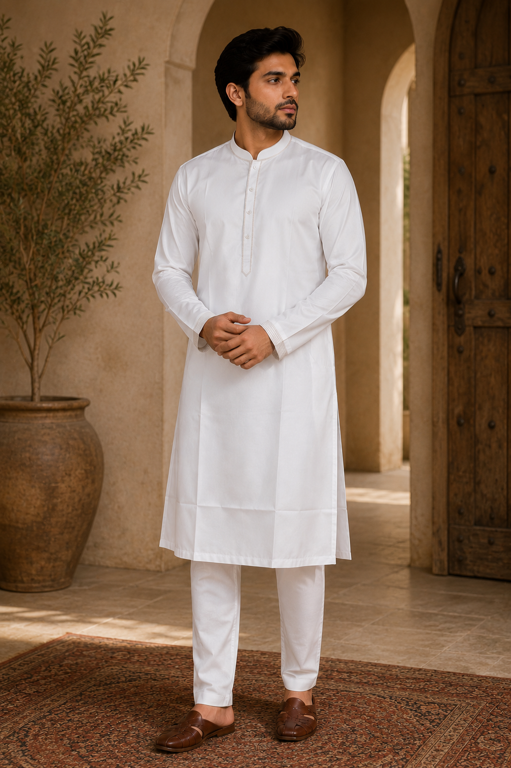 Cream Diamond Satin Kurta & Pant Set