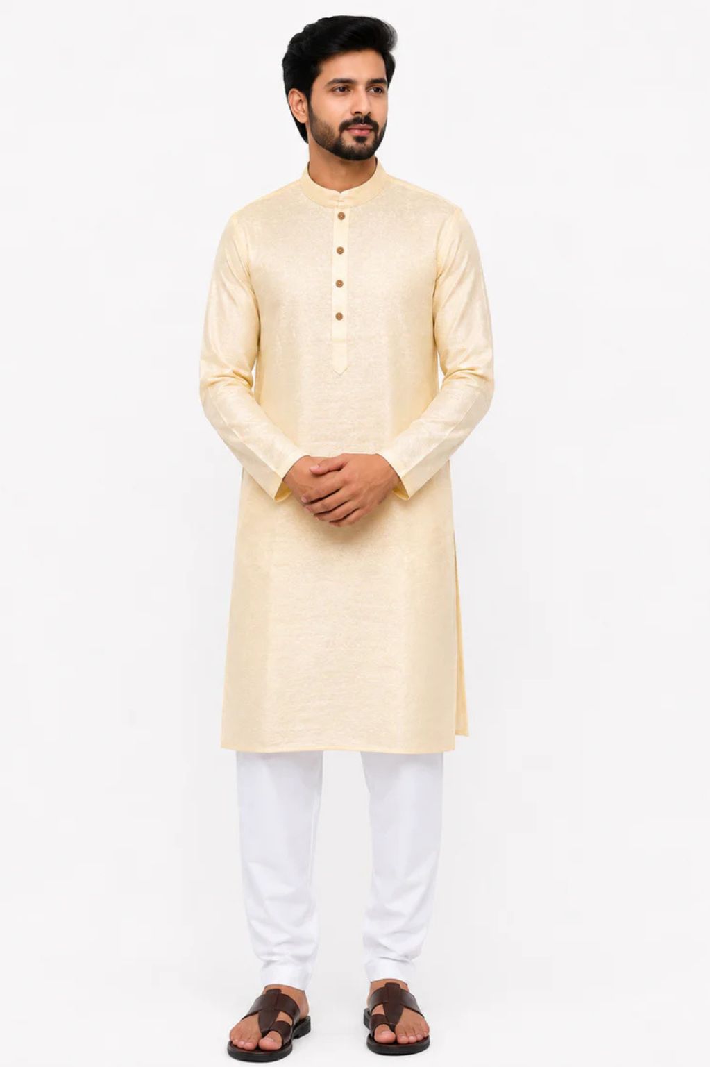 Men's Cream Art Silk Kurta with Subtle Self Design