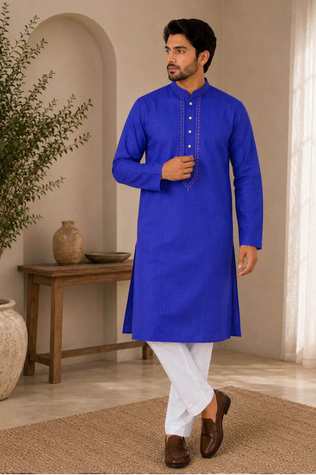 Dark Purple Tone-on-Tone Embroidered Kurta