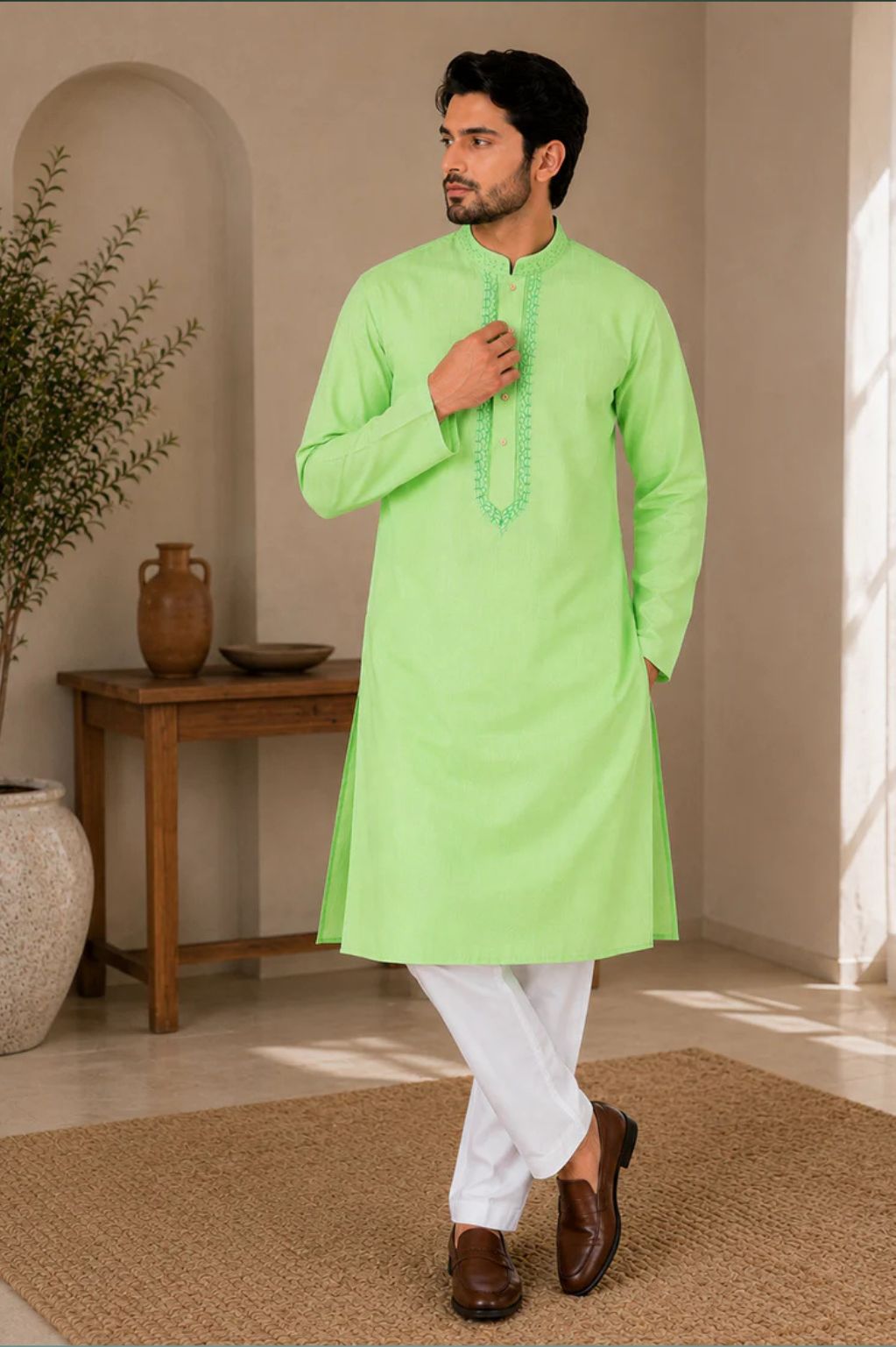 Green Tone-on-Tone Neck Embroidered Kurta