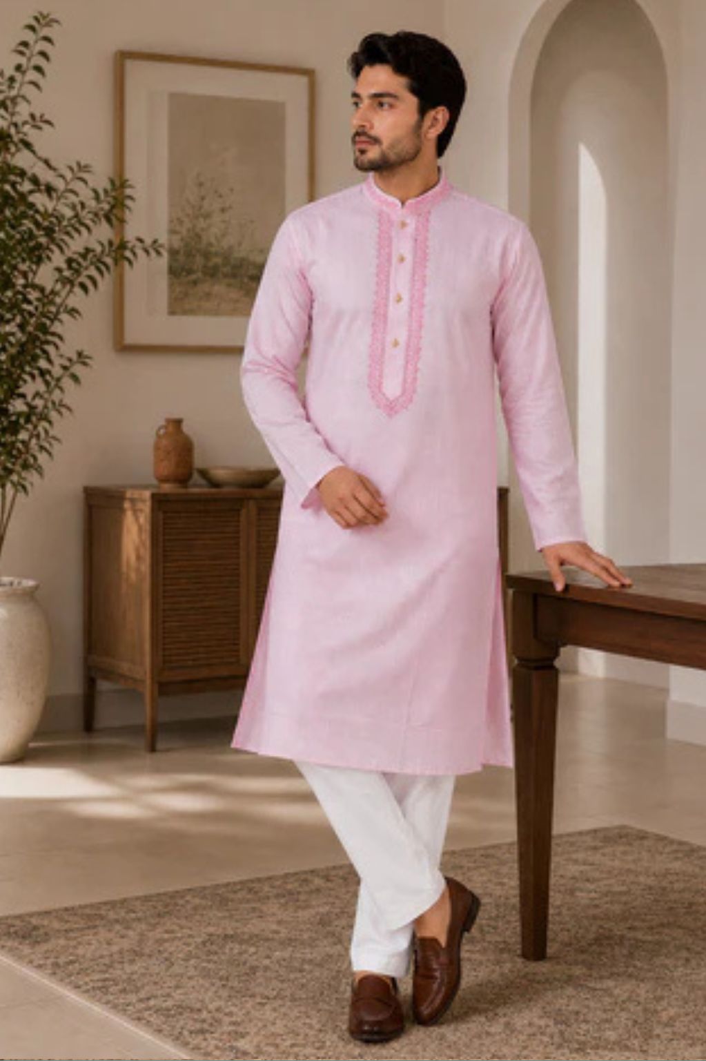 Pink Tone-on-Tone Neck Embroidered Kurta