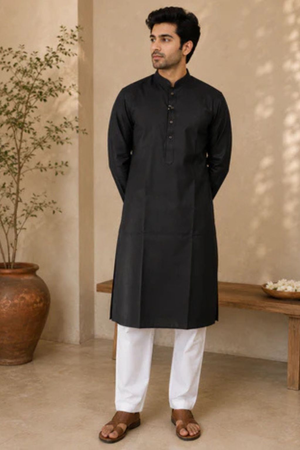 Black Linen Blend Classic Kurta