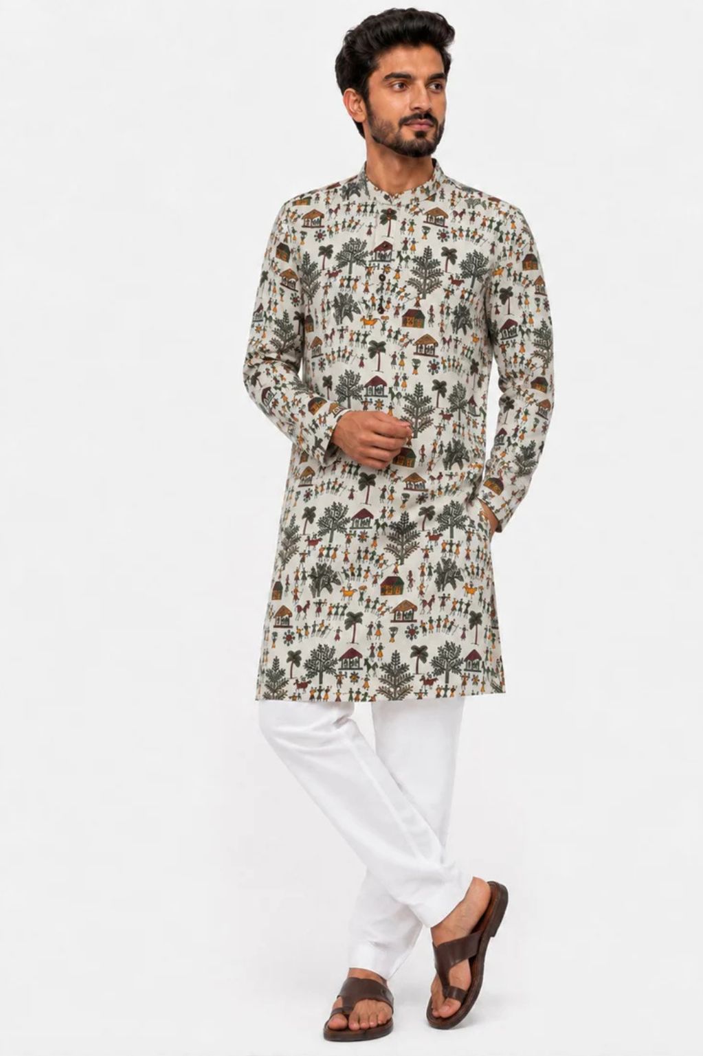 Men's Ethnic Warli Print Kurta on Natural Cotton Fabric – Multi Color