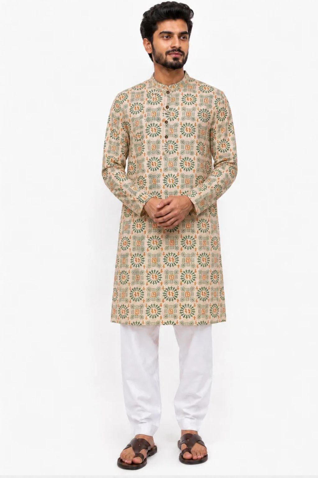 Men's Rust Kurta in Ethnic Warli Print on Natural Cotton Fabric
