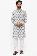 Men's White Printed Relaxed Cotton Kurta with Khadi Feel