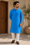 Men's Blue Blended Linen Khadi Knee Length Kurta with Shirt Cuff & Pocket