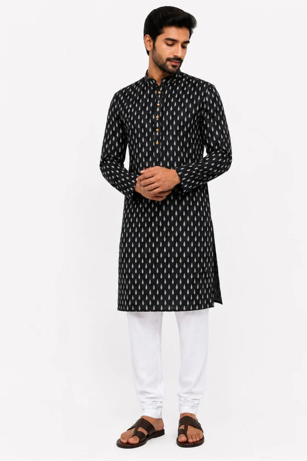 Men's Black Traditional Tilak Motif Kurta in Crispy Cotton Blend Fabric