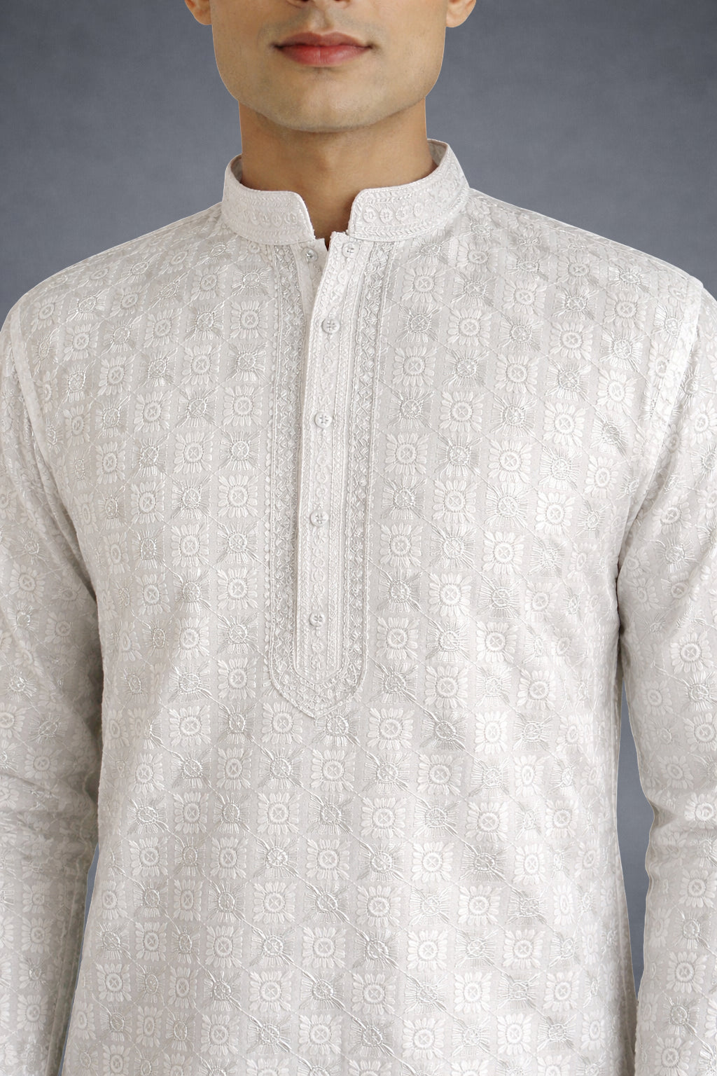 Men’s White Chikankari Lucknowi Kurta – Collar and Button Placket