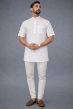 Men’s White Short Kurta – Half Sleeves Cotton Kurta