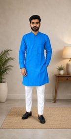 Men's Blue Blended Linen Khadi Knee Length Kurta with Shirt Cuff & Pocket