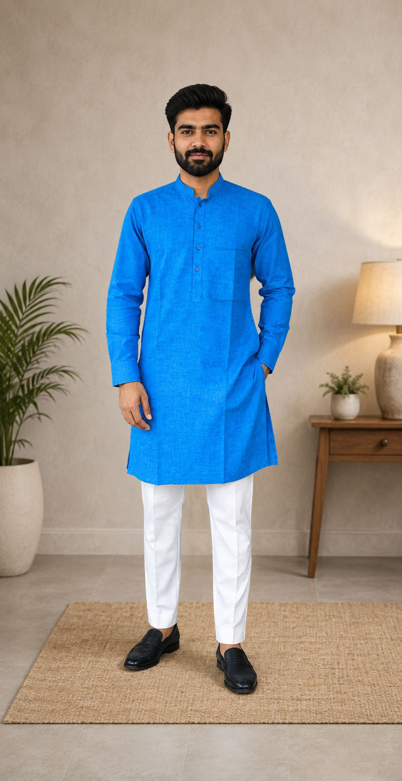 Men's Blue Blended Linen Khadi Knee Length Kurta with Shirt Cuff & Pocket